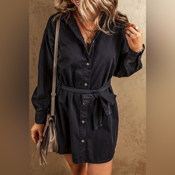 Button Up Collared Neck Denim Dress - Picture 1 of 4